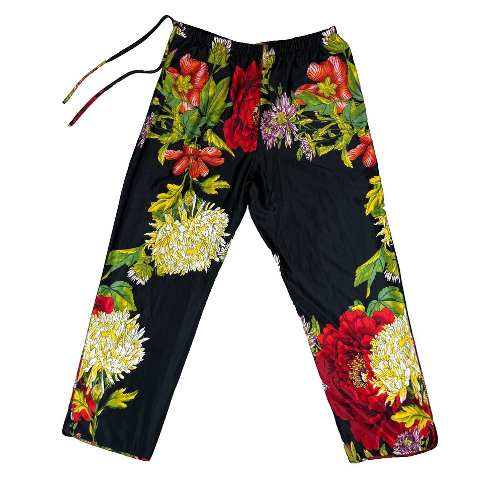 Natori Pajama Pants Womens S Black Red Floral Peony Drawstring Lounge Luxe Satin